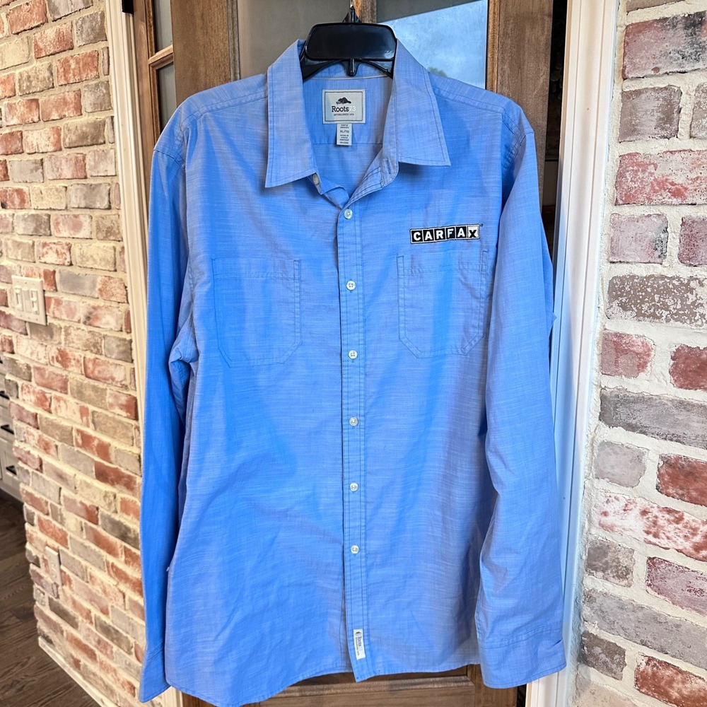 Roots‎ 73 Button Down Shirt Mens XL Blue CARFAX Work Logo Long Sleeve